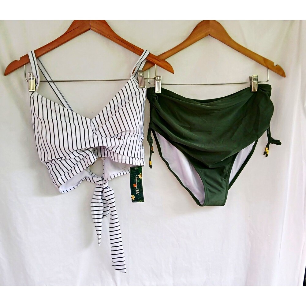 Blooming Jelly Women’s Green/White Striped Bralette Bikini High-Waist L B